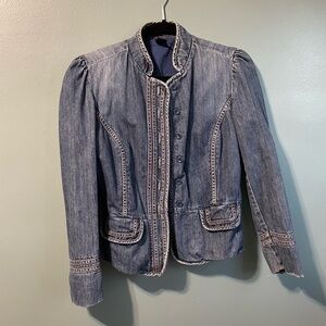 Women's Denim Jean Jacket no collar blazer puff strong shoulder pink stitching